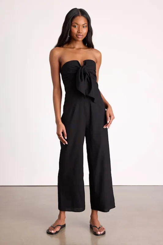 Sunshine Aura Black Tie-Front Strapless Jumpsuit sold by Lulus