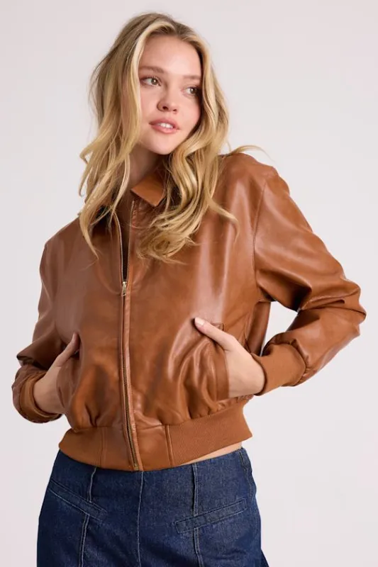 Kamaria Brown Vegan Leather Cropped Bomber Jacket sold by Lulus