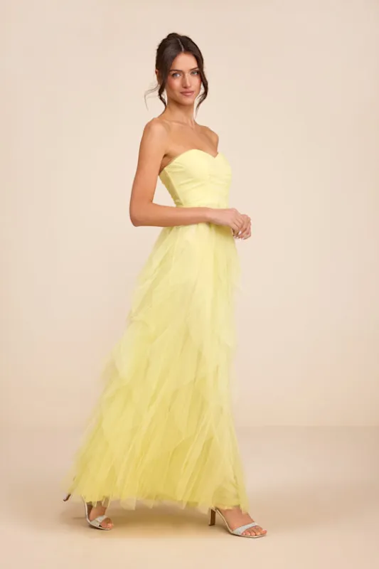 Delightful Beauty Yellow Strapless Ruched Ruffled Maxi Dress sold by Lulus