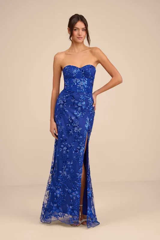Confident Sensation Cobalt Sequin Strapless Bustier Maxi Dress sold by Lulus