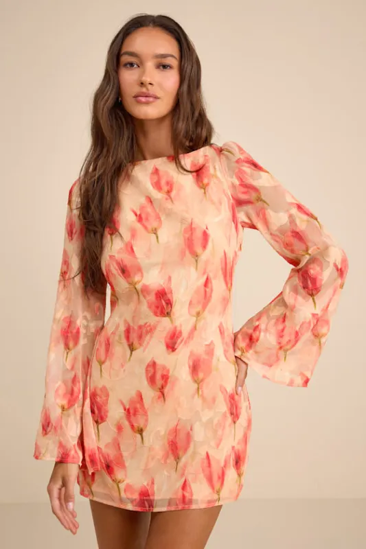 Jaleen Peach Floral Jacquard Bell Sleeve Mini Dress sold by Lulus