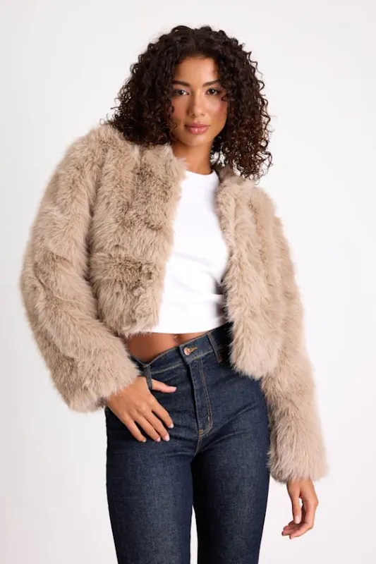 Xylona Taupe Faux Fur Cropped Jacket sold by Lulus