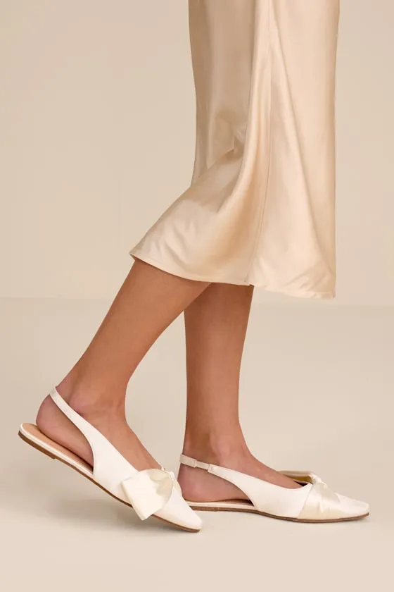 Kyleigh White Satin Bow Slingback Flats sold by Lulus