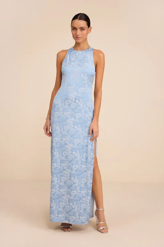 Lamila Light Blue Floral Satin Column Maxi Dress sold by Lulus