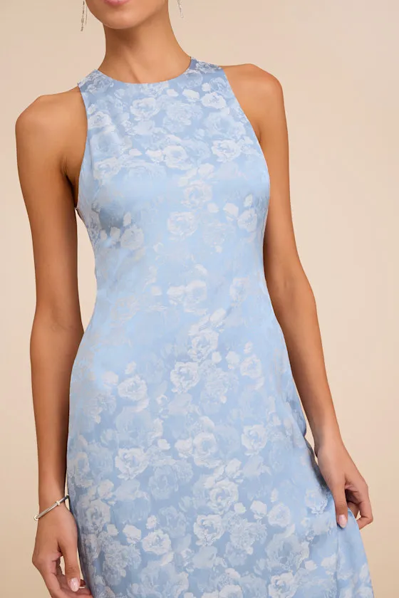 Lamila Light Blue Floral Satin Column Maxi Dress sold by Lulus product image thumbnail 2
