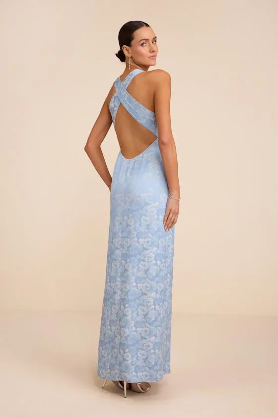 Lamila Light Blue Floral Satin Column Maxi Dress sold by Lulus product image thumbnail 3