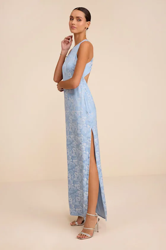 Lamila Light Blue Floral Satin Column Maxi Dress sold by Lulus product image thumbnail 4