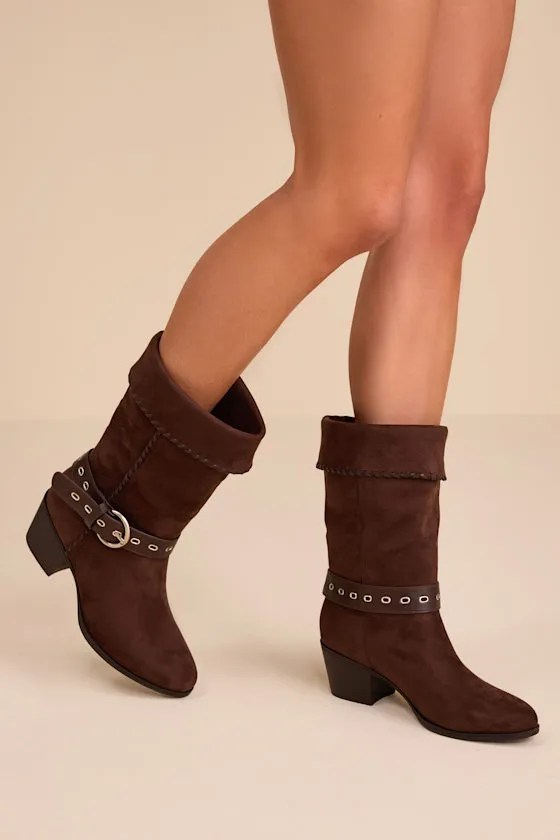 Leah Chocolate Brown Suede Buckle Mid-Calf Boots sold by Lulus