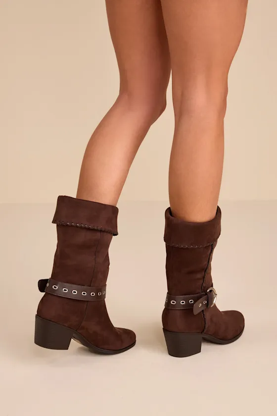 Leah Chocolate Brown Suede Buckle Mid-Calf Boots sold by Lulus product image thumbnail 2
