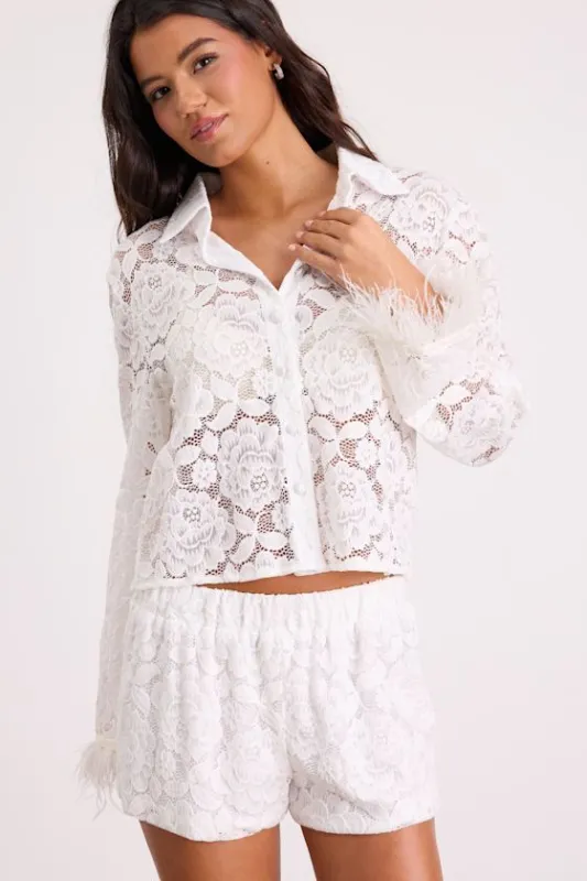 Shelly Ivory Sheer Lace Feather Two-Piece Pajama Set sold by Lulus