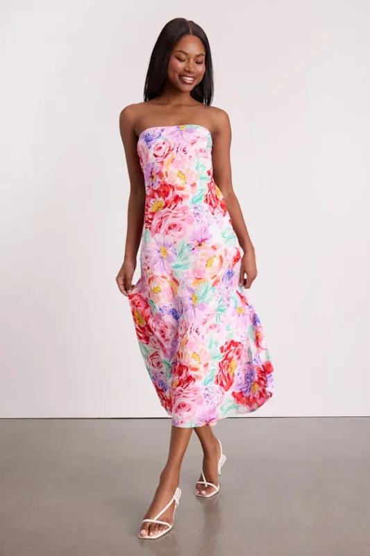 Angeles White Multi Floral Satin Cowl Back Midi Dress sold by Lulus