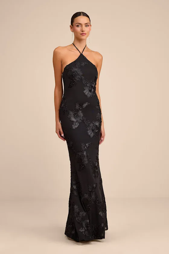 Celyna Black Mesh Floral Applique Halter Mermaid Maxi Dress sold by Lulus