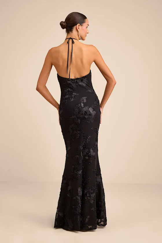 Celyna Black Mesh Floral Applique Halter Mermaid Maxi Dress sold by Lulus product image thumbnail 3