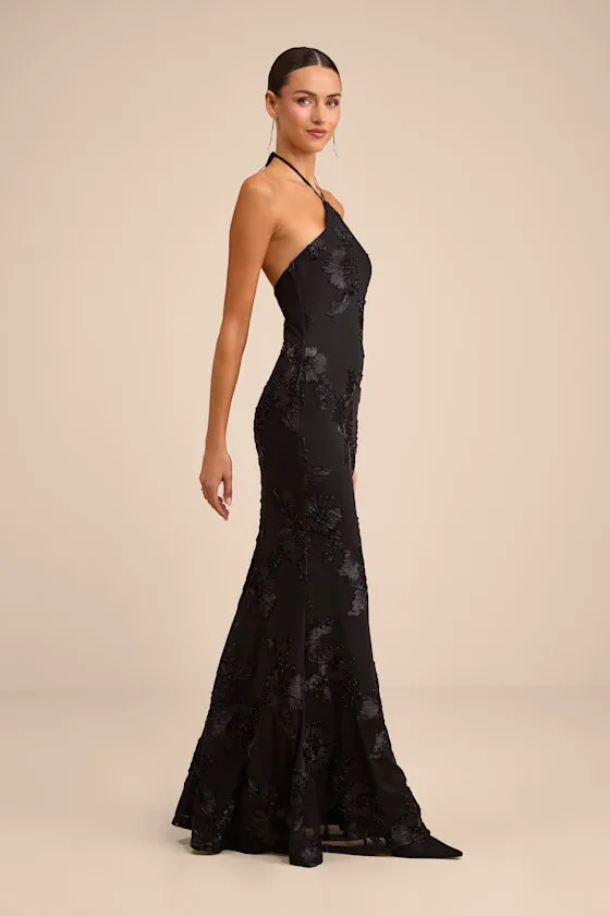 Celyna Black Mesh Floral Applique Halter Mermaid Maxi Dress sold by Lulus product image thumbnail 4