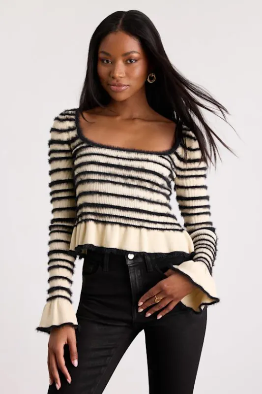 Steffy Cream and Black Fuzzy Striped Ruffled Sweater Top sold by Lulus