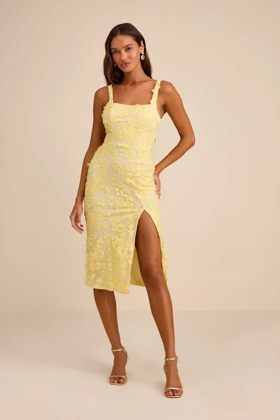Regina Light Yellow Floral Embroidered Tie-Back Midi Dress sold by Lulus