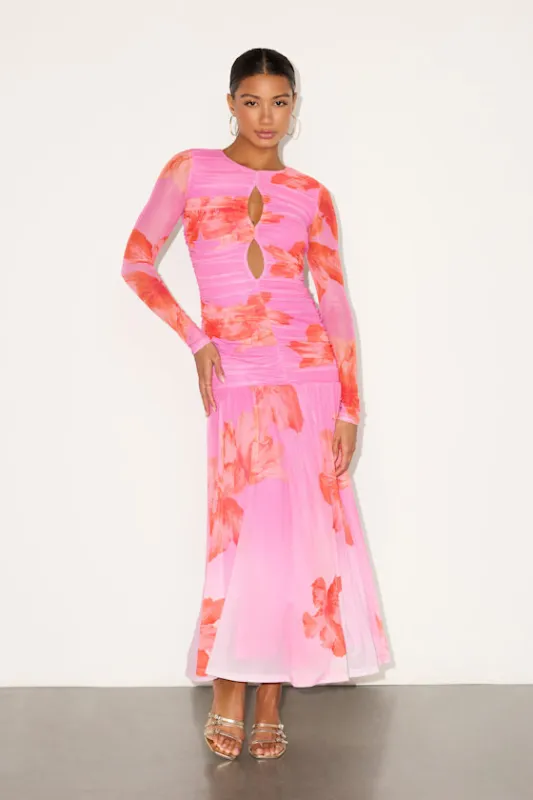 Alexius Pink Floral Mesh Cutout Long Sleeve Maxi Dress sold by Lulus