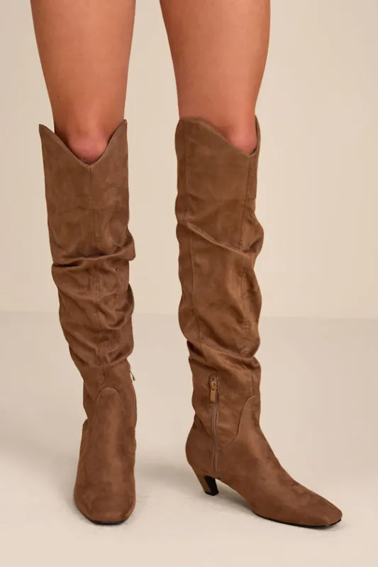 Jemma Taupe Suede Slouchy Knee-High Boots sold by Lulus
