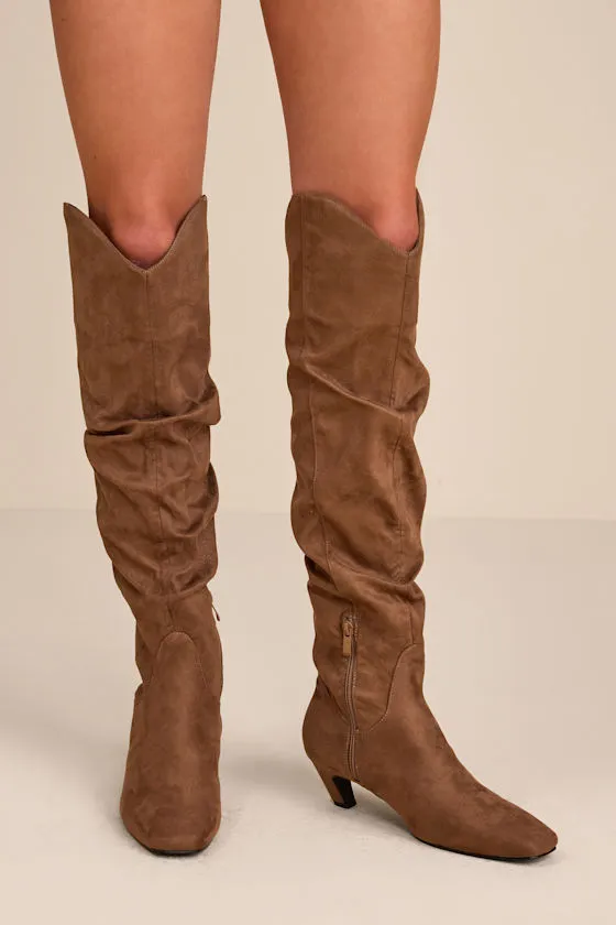 Jemma Taupe Suede Slouchy Knee-High Boots sold by Lulus