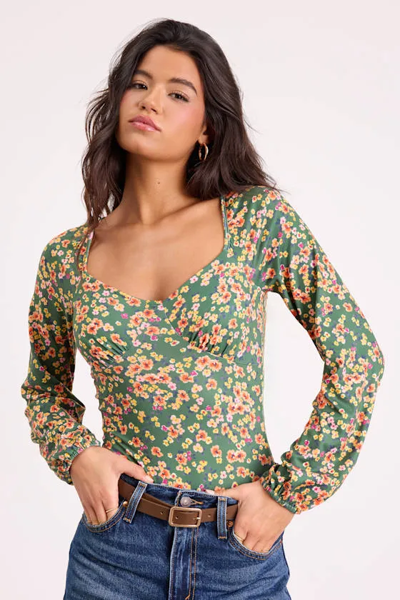 Blossom Beauty Green Floral Print Long Sleeve Bodysuit sold by Lulus