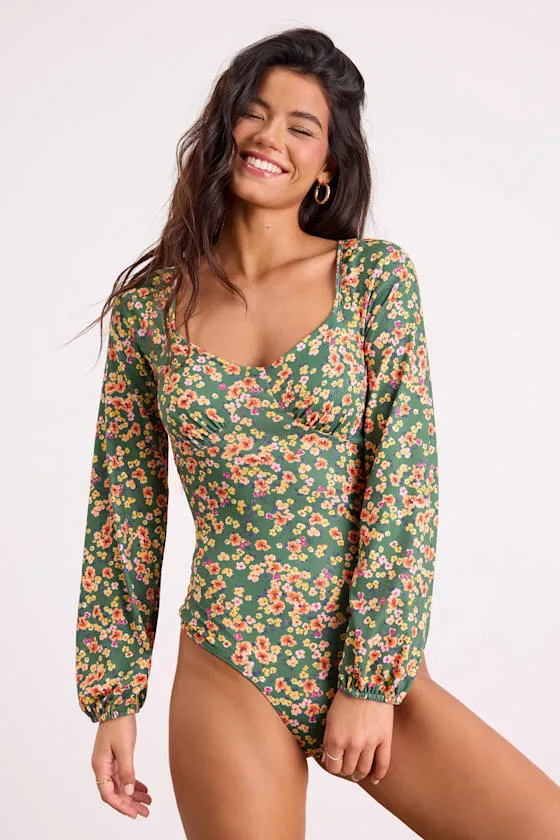 Blossom Beauty Green Floral Print Long Sleeve Bodysuit sold by Lulus product image thumbnail 4