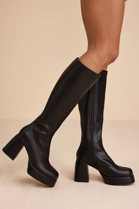 Camira Black Platform Knee-High Boots sold by Lulus