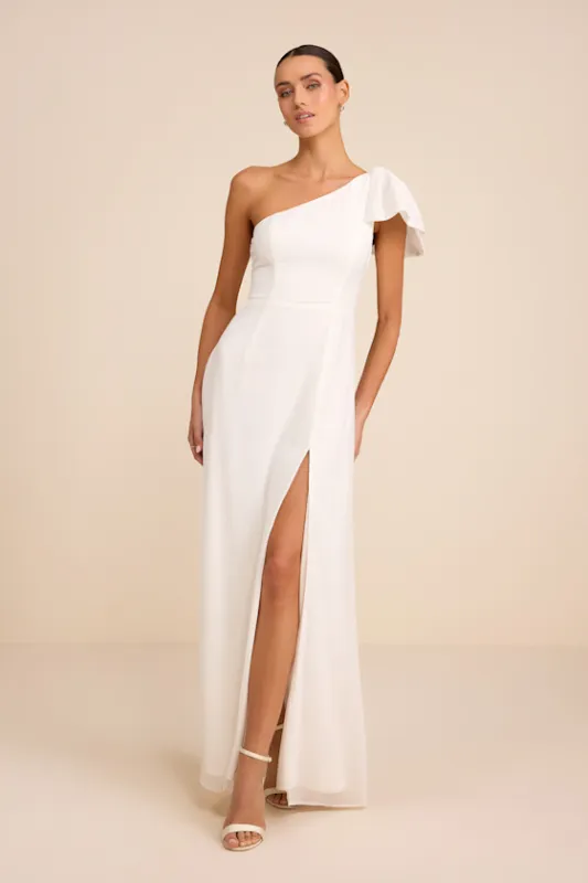 Simply Brilliant White One-Shoulder Bow Maxi Dress sold by Lulus