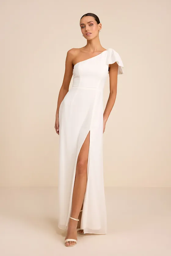 Simply Brilliant White One-Shoulder Bow Maxi Dress sold by Lulus