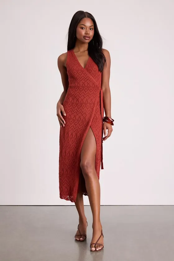 Livia Rust Red Pointelle Knit Wrap Midi Dress sold by Lulus product image thumbnail 2