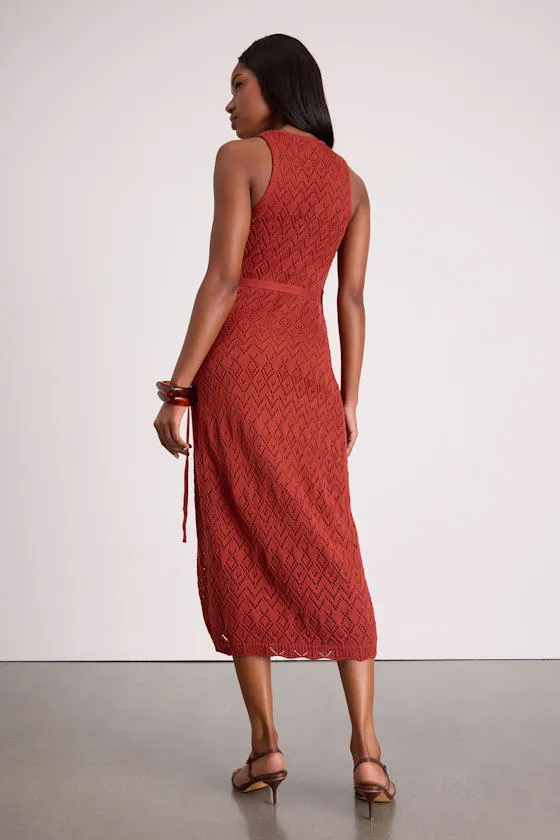 Livia Rust Red Pointelle Knit Wrap Midi Dress sold by Lulus product image thumbnail 3