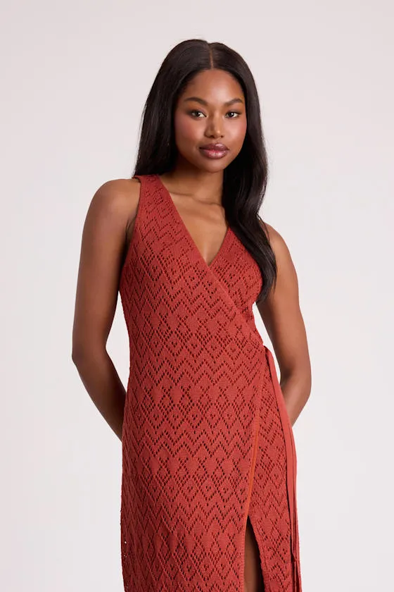 Livia Rust Red Pointelle Knit Wrap Midi Dress sold by Lulus product image thumbnail 4