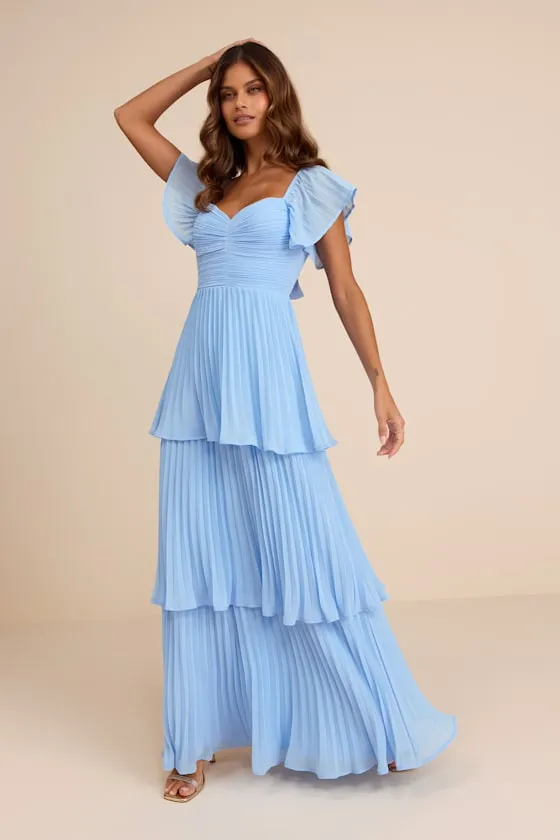 Notorious Charm Light Blue Pleated Flutter Sleeve Maxi Dress sold by Lulus