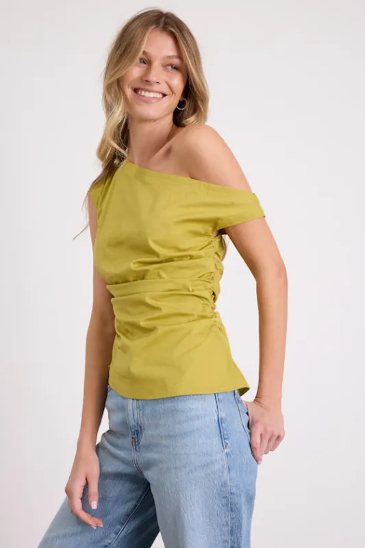 Debonair Chartreuse Poplin Ruched Asymmetrical Top made by Lulus