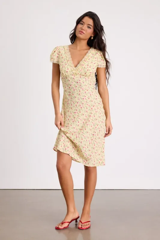 Liv Light Yellow Ditsy Floral Slip Midi Dress sold by Lulus