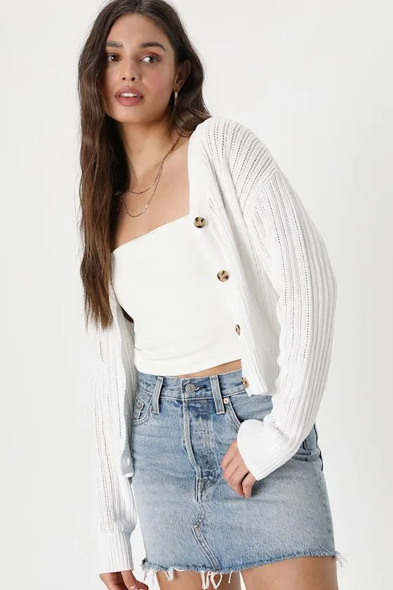 Fresh Feeling White Open Knit Button-Up Cardigan Sweater sold by Lulus