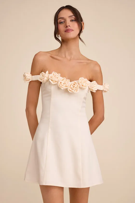 Gracen Ivory Rosette Off-the-Shoulder Skater Mini Dress sold by Lulus
