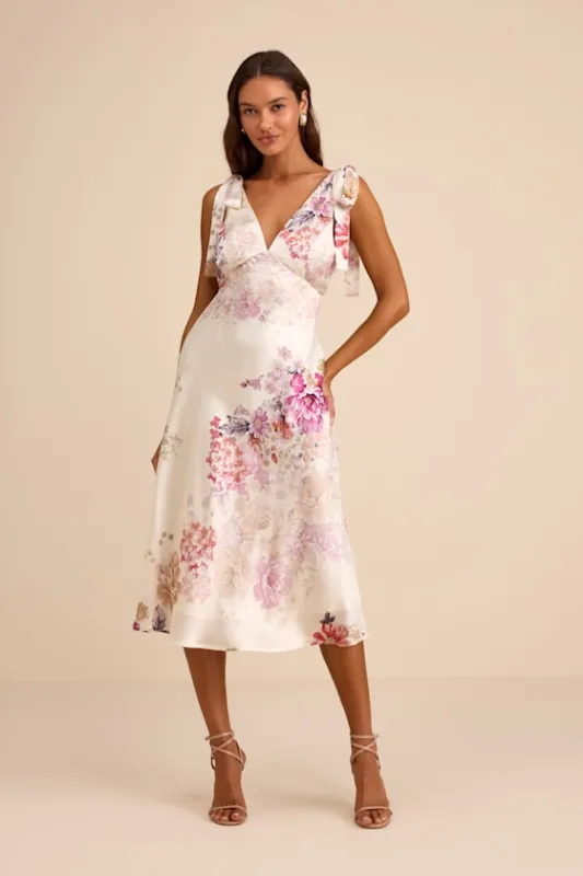 Zoella Ivory Floral Satin Tie-Strap Midi Dress sold by Lulus