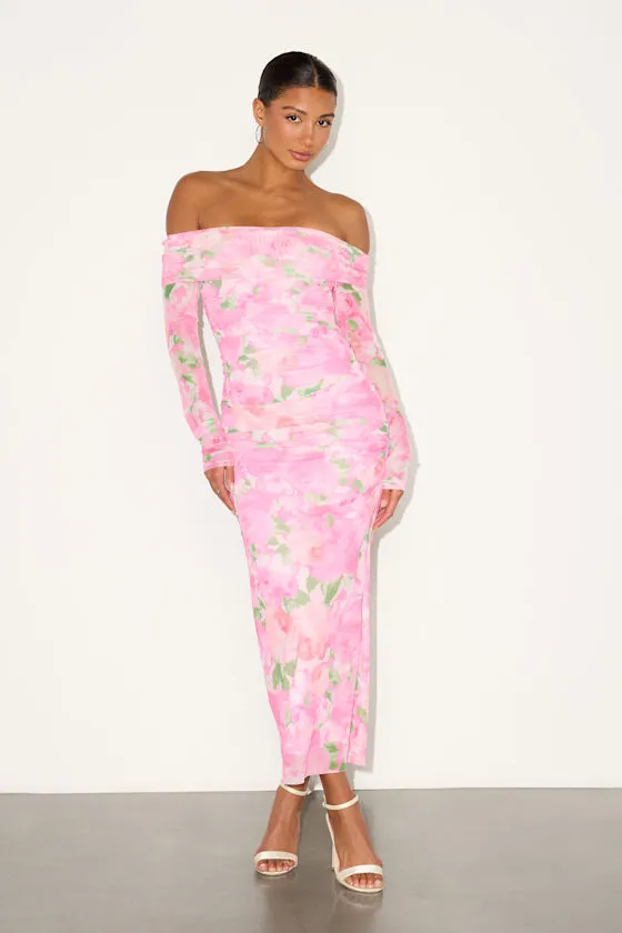Amorette Pink Floral Mesh Off-the-Shoulder Maxi Dress sold by Lulus