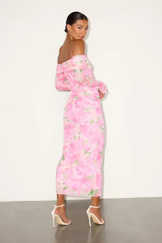 Amorette Pink Floral Mesh Off-the-Shoulder Maxi Dress sold by Lulus product image thumbnail 3