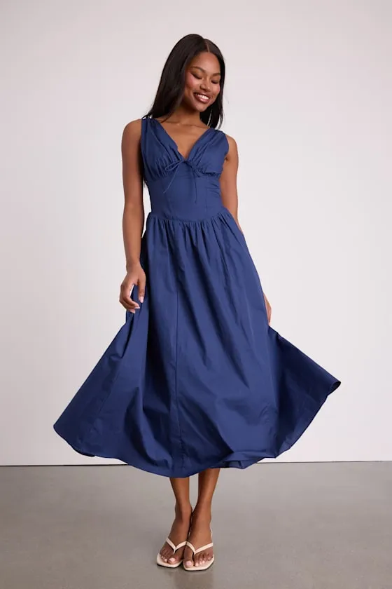 Lettie Navy Poplin Plunge Neck Midi Dress sold by Lulus product image thumbnail 2