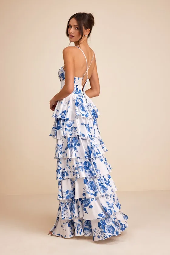 Arletta White and Blue Floral Satin Bustier Tiered Maxi Dress sold by Lulus product image thumbnail 2