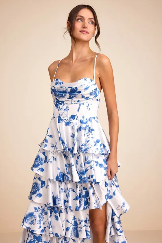 Arletta White and Blue Floral Satin Bustier Tiered Maxi Dress sold by Lulus product image thumbnail 3