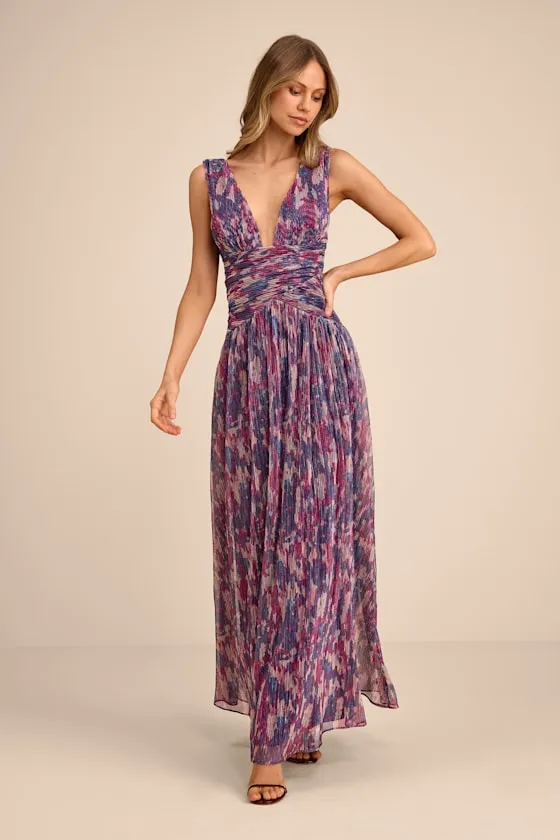 Evaluna Purple Abstract Print Lurex Pleated Maxi Dress sold by Lulus
