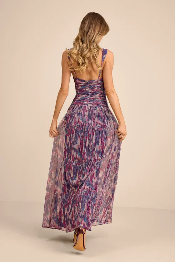 Evaluna Purple Abstract Print Lurex Pleated Maxi Dress sold by Lulus product image thumbnail 3