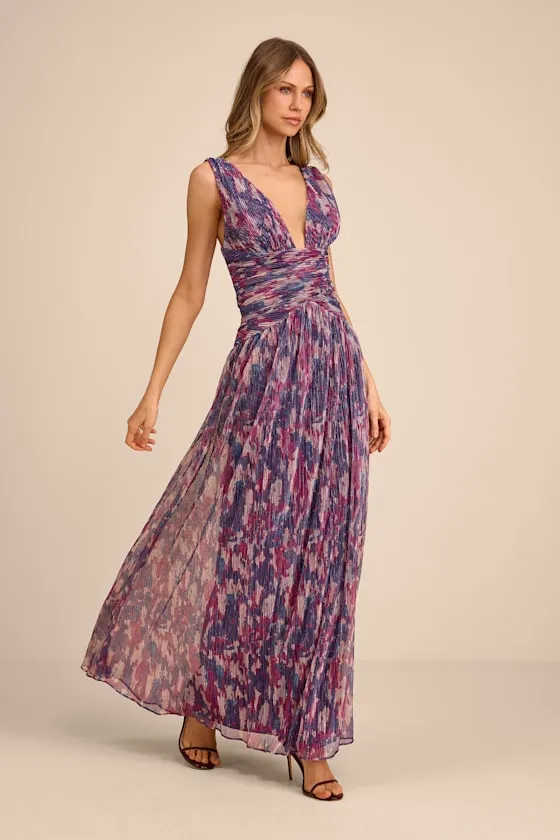 Evaluna Purple Abstract Print Lurex Pleated Maxi Dress sold by Lulus product image thumbnail 4