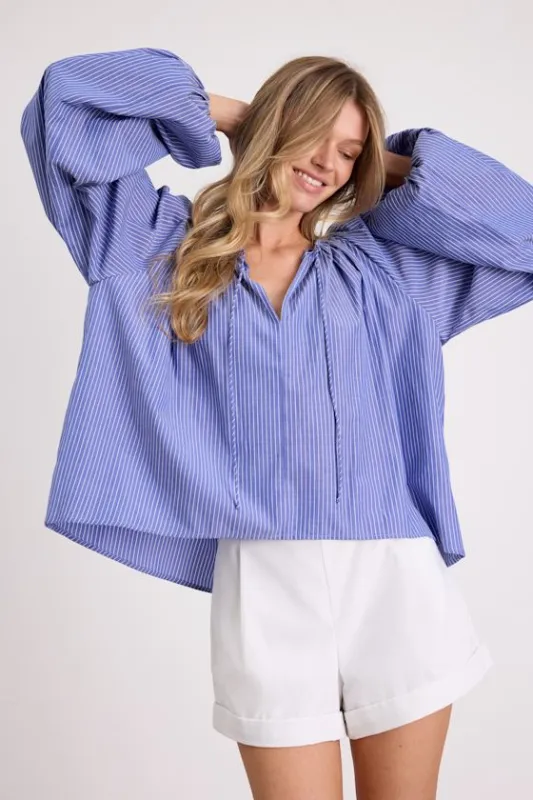 Ricki Blue Striped Cotton Billowy Sleeve Oversized Top made by Lulus
