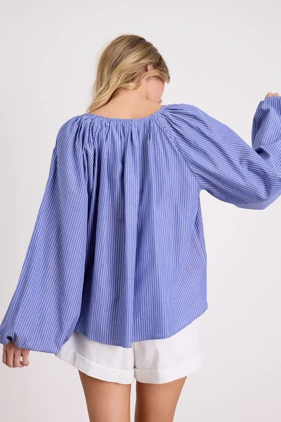 Ricki Blue Striped Cotton Billowy Sleeve Oversized Top sold by Lulus product image thumbnail 3
