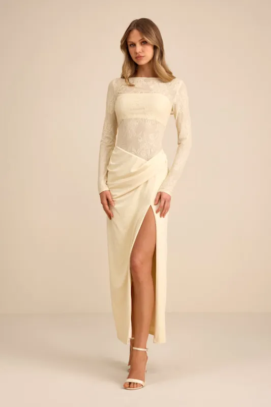 Nadina Pale Yellow Lace Long Sleeve Maxi Dress sold by Lulus