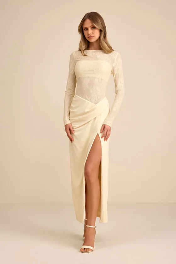 Nadina Pale Yellow Lace Long Sleeve Maxi Dress sold by Lulus