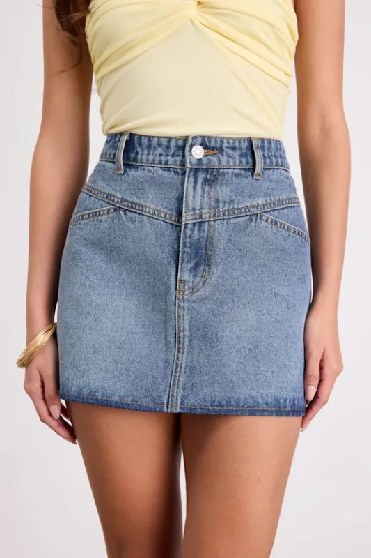 Alaire Medium Wash Denim High-Rise Mini Skirt sold by Lulus